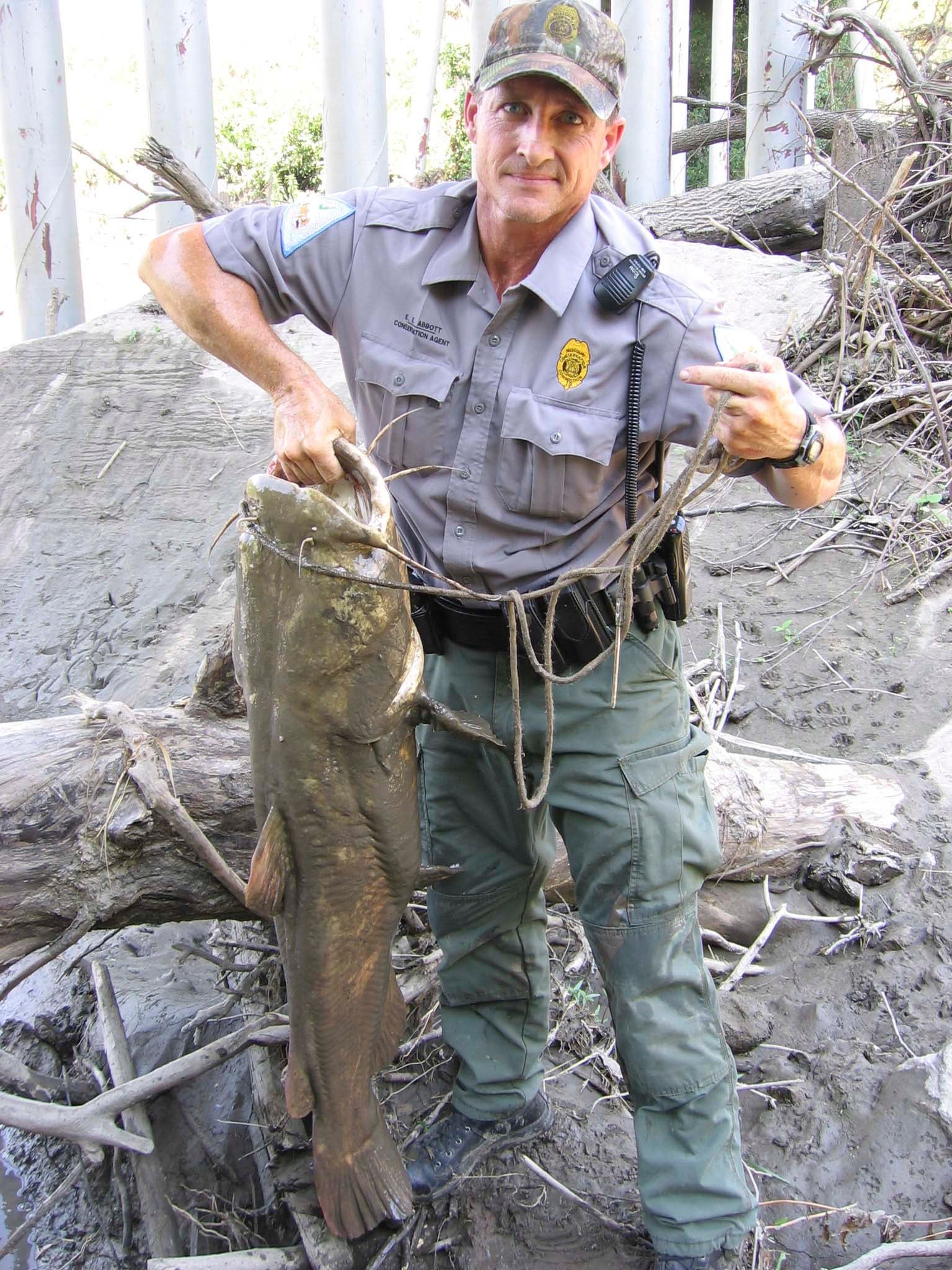 Agent Eric Abbott with flathead caught by illegal handfishing