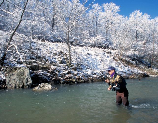 A man is trout fishing in a stream with snow-covered banks.
