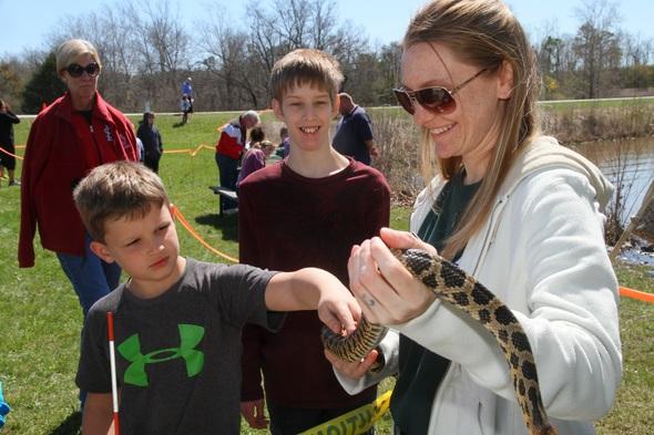 A child cautiously pets a snake held by a volunteer at a wetlands for kids day event.