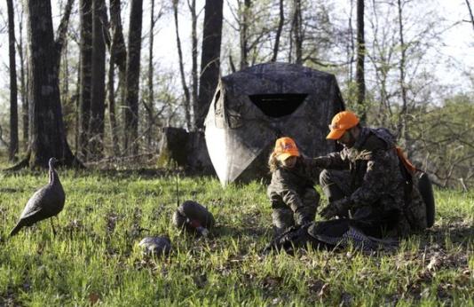 Dad and daughter set up turkey decoys in spring