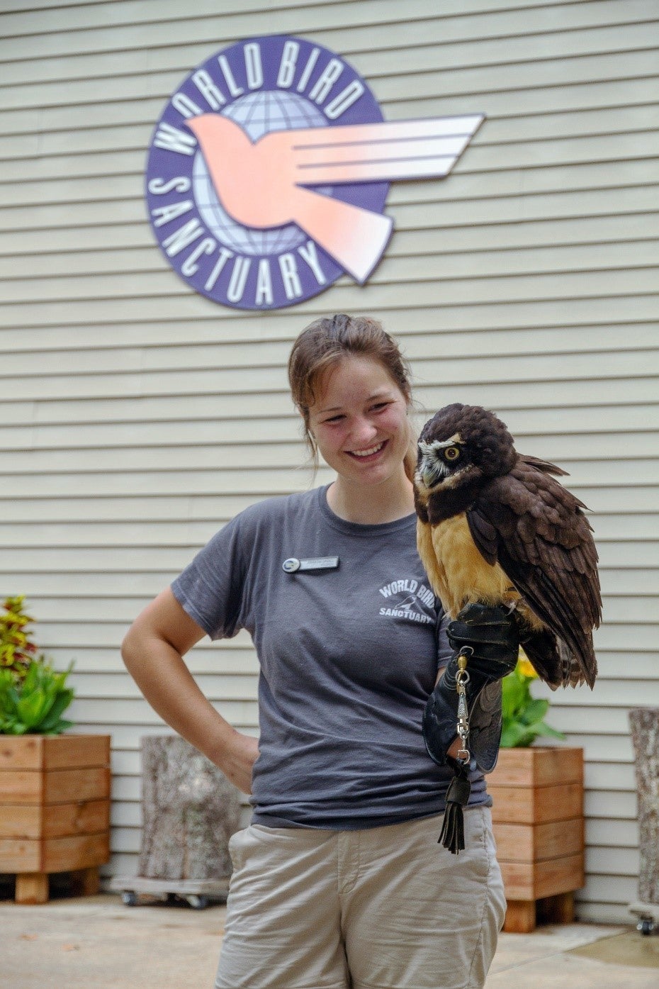 World Bird Sanctuary staff member holds owl