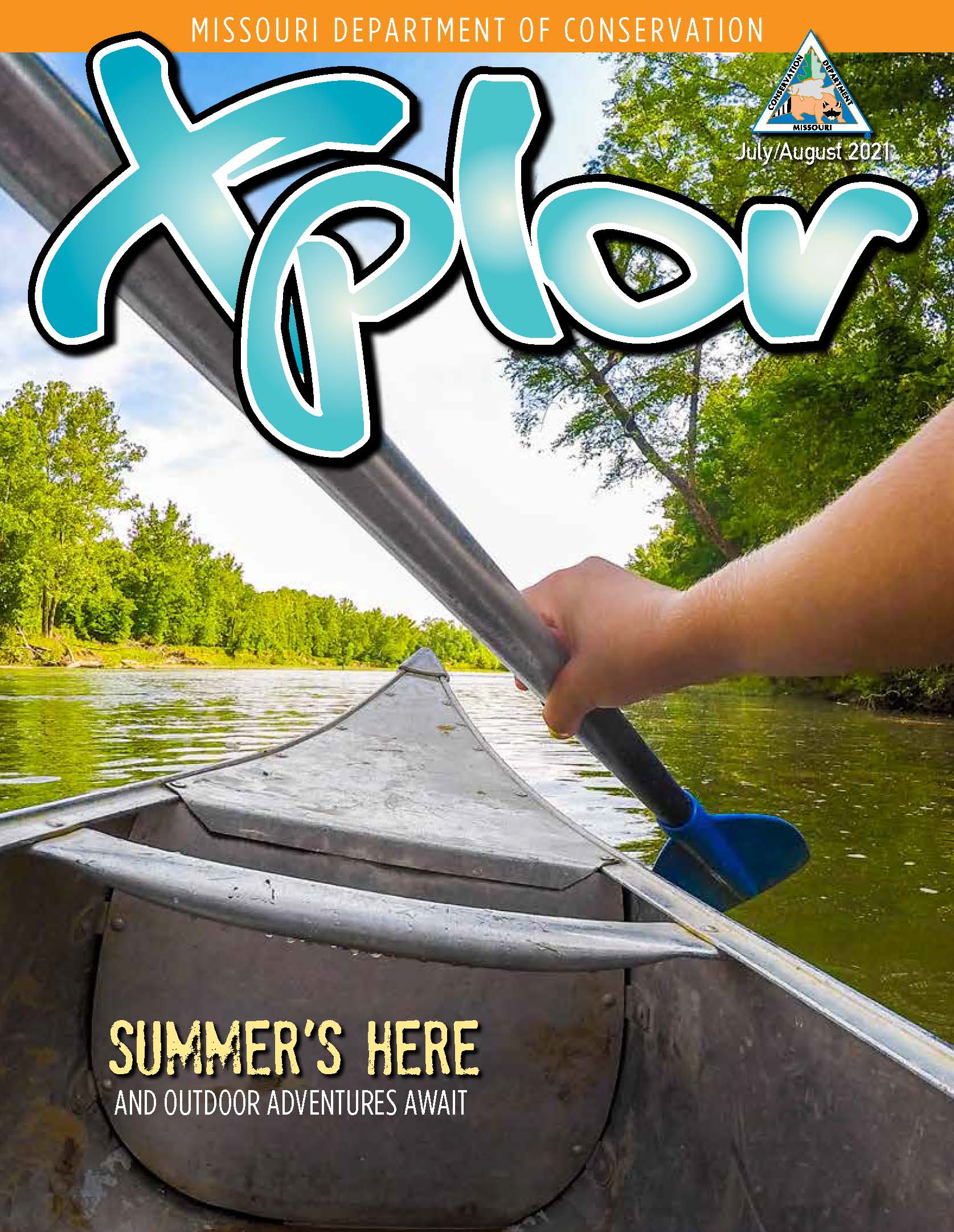 Xplor July-August cover. A paddler is paddling at the front of a canoe on a stream.