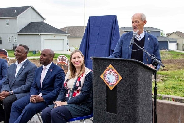 MDC Commissioner Mark McHenry speaks at rededication ceremony of Monarch Plaza in Kansas City.