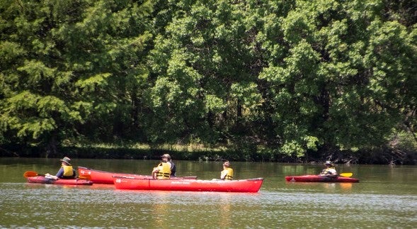 A group on canoes and kayaks