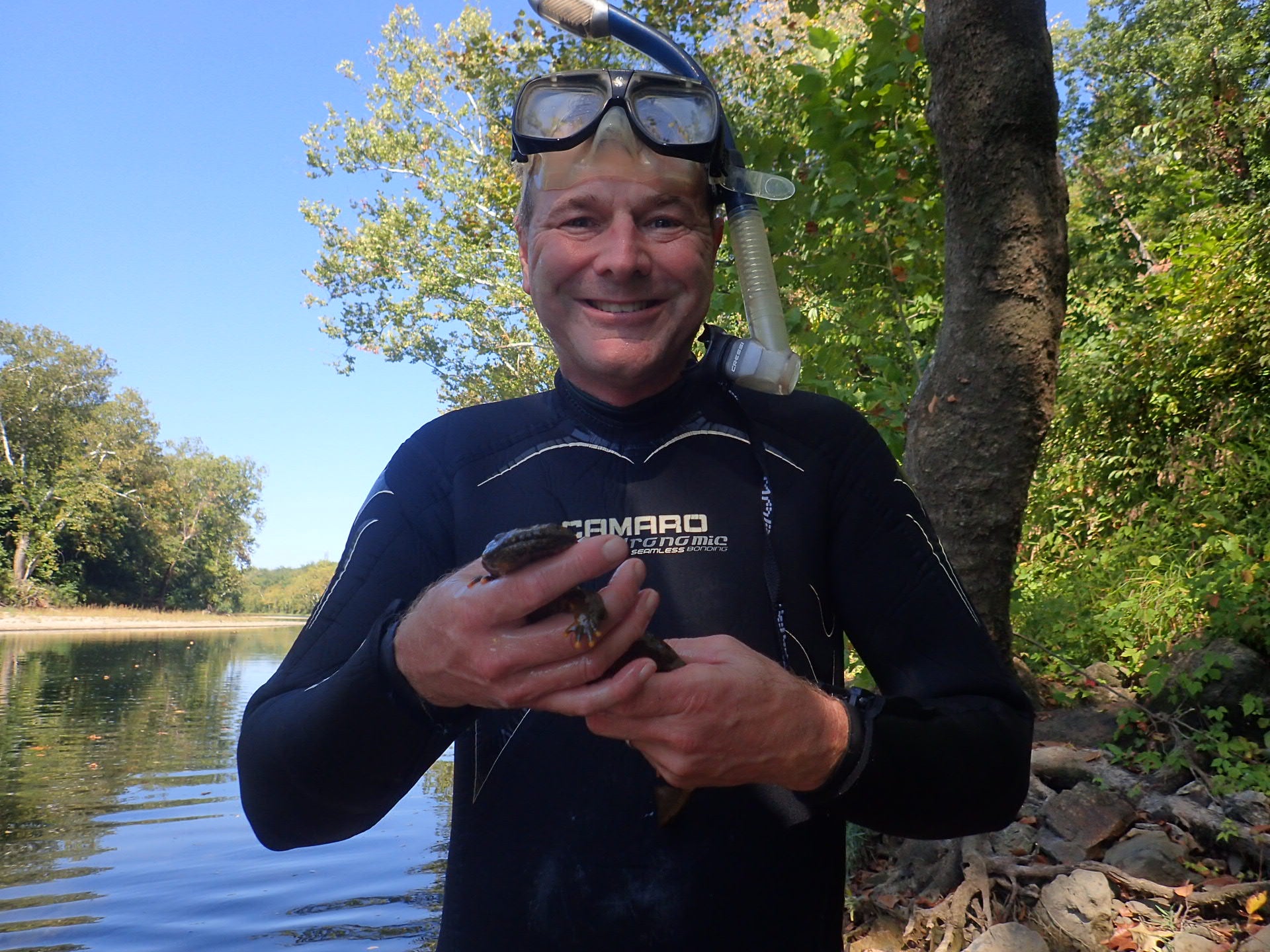 Jeff Briggler holds first zoo-reared eastern hellbender to reproduce in the wild