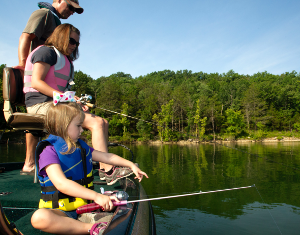 Family fishing from boat