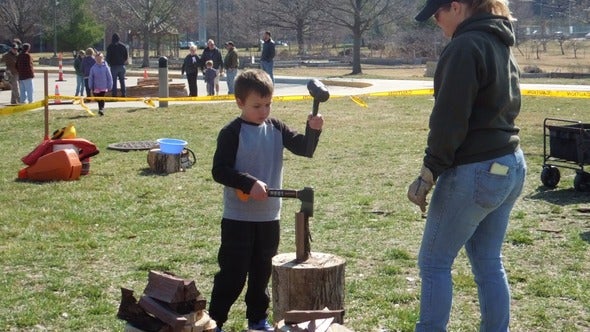 child learns to split logs to make firewood
