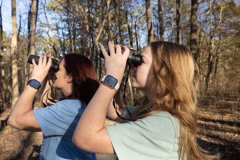 two people looking with binoculars for birds