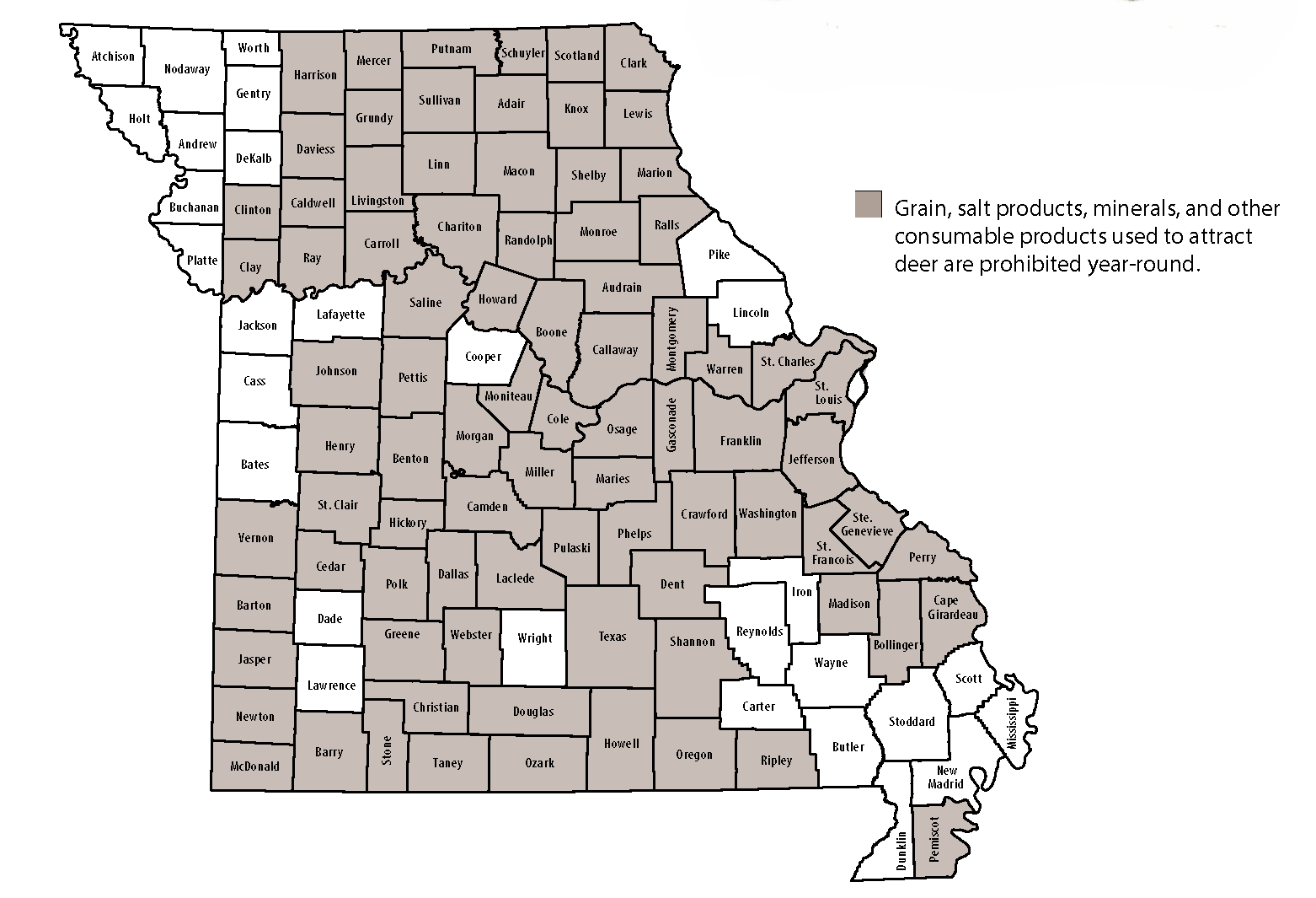 Map showing which Missouri counties have a feed and mineral prohibition