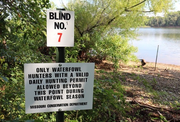 sign about waterfowl hunts at Fellows Lake