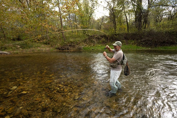person fly fishing in stream