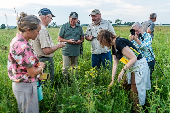 people explore remnant prairie at Mount Vernon Prairie