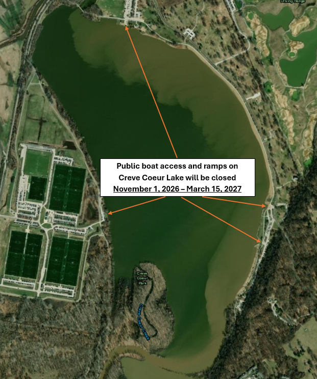 An aerial map of Creve Coeur Lake with four arrows pointing to boat accesses and ramps that will be closed Nov. 1 through March 15, 2027.