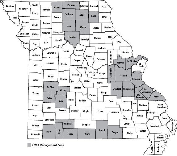 Map of Missouri counties showing MDC CWD Management Zone