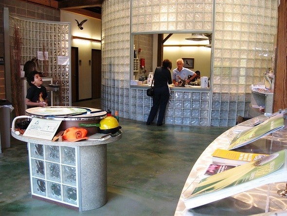 People in the Columbia Bottom Visitor Center lobby 