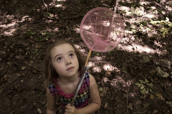 Little girl trying to catch bugs.