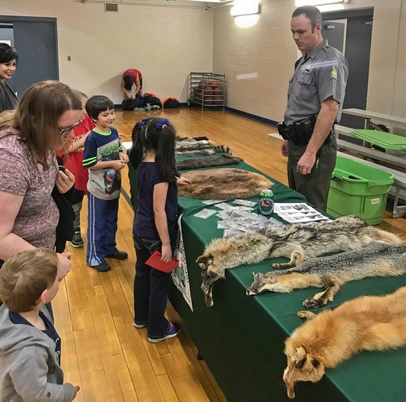 Conservation agent speaking with visitors about mammal pelts.