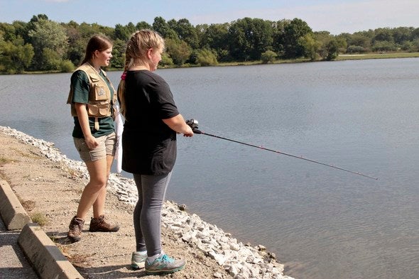 Two girls fishing.