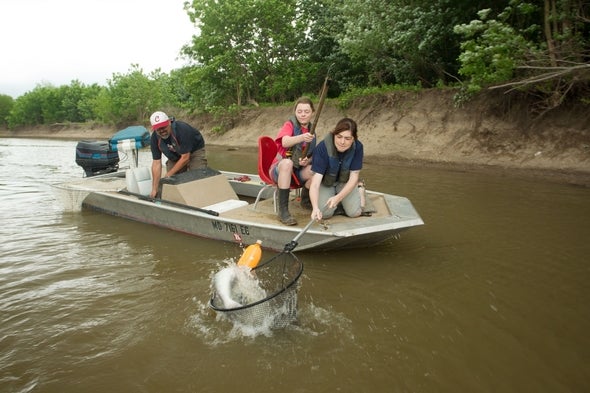 Two girls on a boat bring in a catfish caught on a trotline.