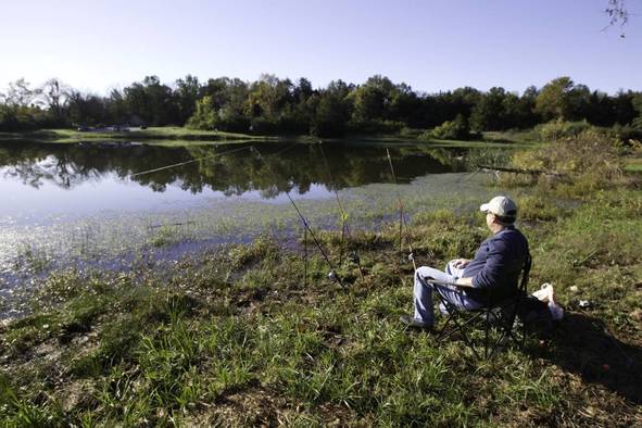 Fishing in a pond.