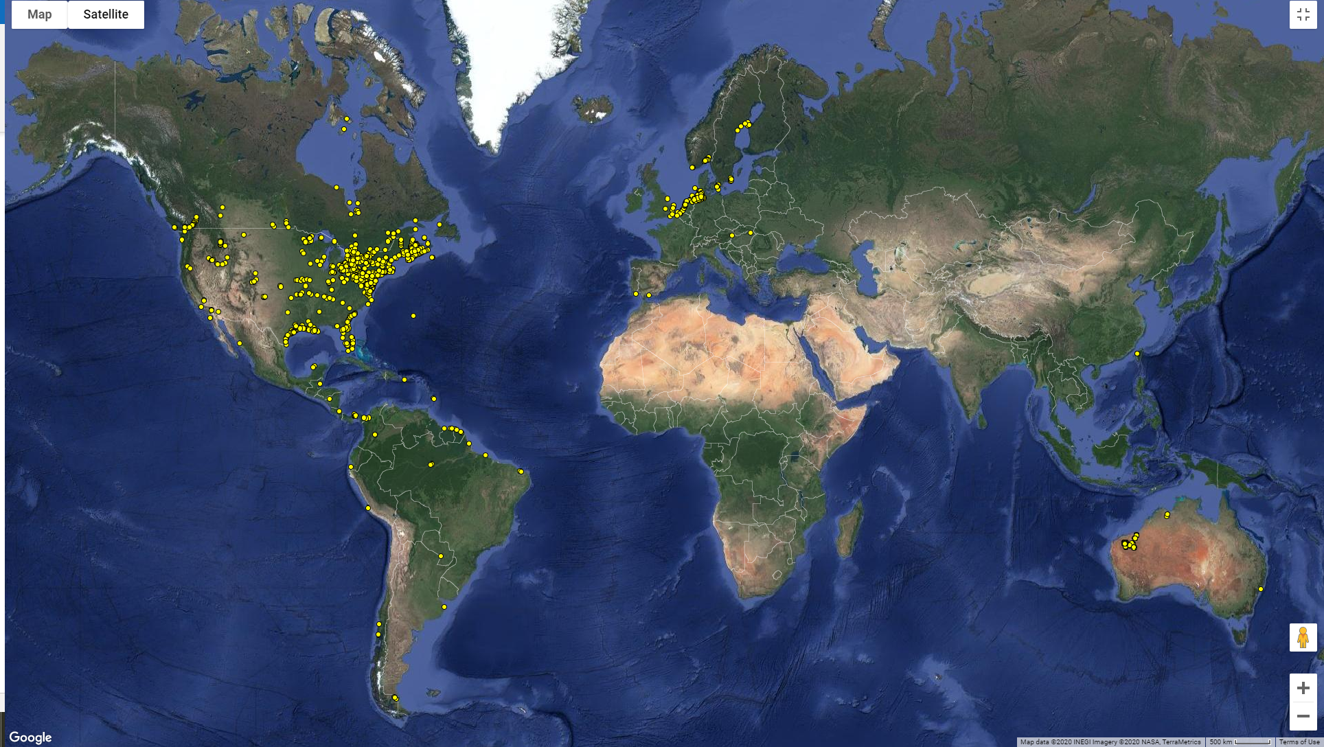 A map of active worldwide Motus receiver locations