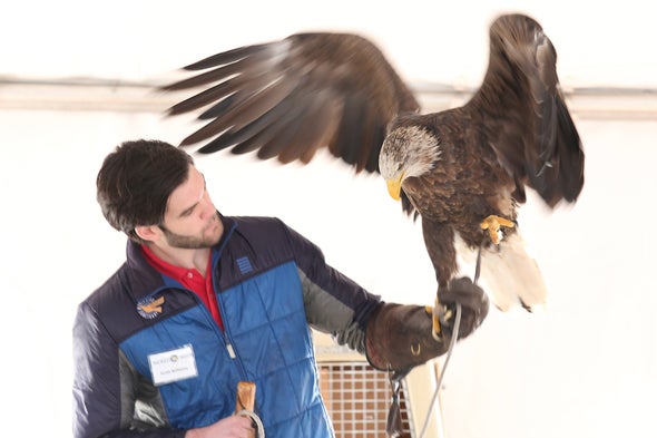 Man holding a bald eagle.