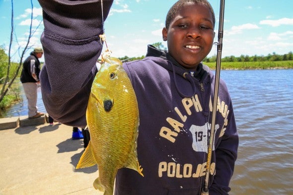 A boy shows off a bluegill he caught at a St. Louis lake