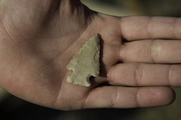 A hand holding an arrowhead.