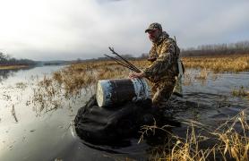 Duck Hunter Wades in Water