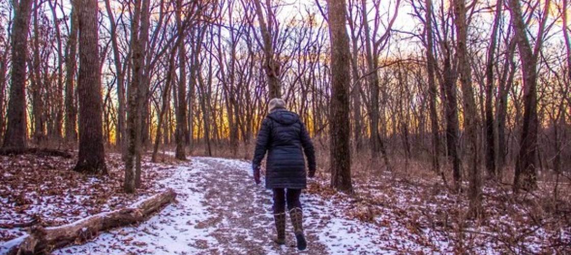 A woman takes a winter hike.