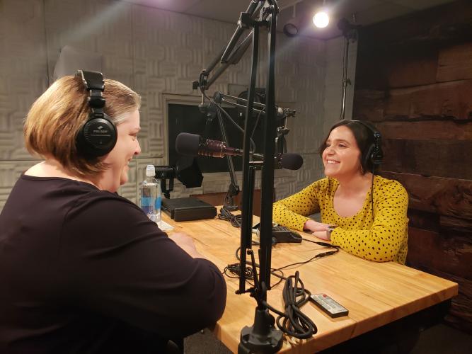 Jill and Holly Dentner chat in a radio studio