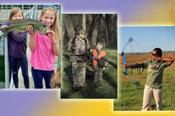 Collage showing two girls with bass, father and son turkey hunting, and a young archer