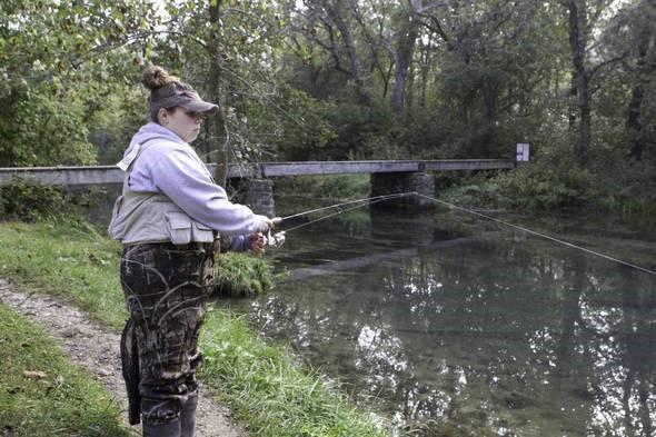 Female angler trout fishing.
