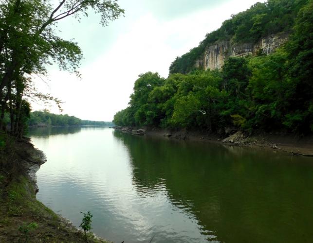 View of Osage-Tavern Access showing bluffs above Tavern Creek as it joins the Osage River
