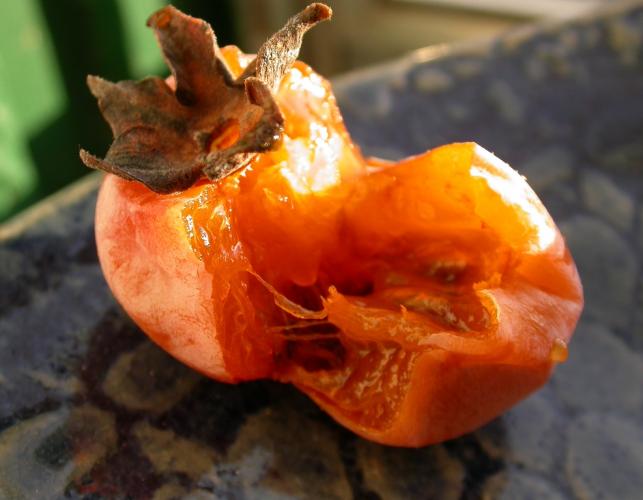Photo of a ripe persimmon split open, showing texture