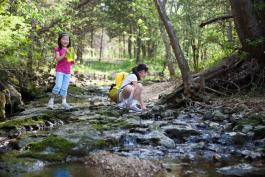 Two children exploring a stream at Runge CNC