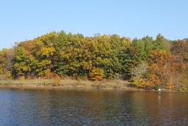 Photo of Lake Girardeau with fall color landscape beyond it
