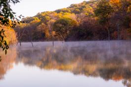 Fall foliage is mirrored in on a glassy lake. Morning fog steams off the water. 