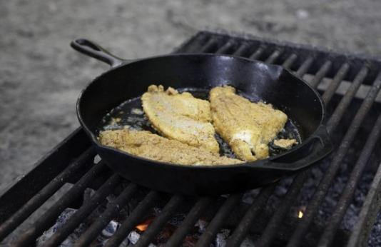 Fried fish filets in cast iron skillet