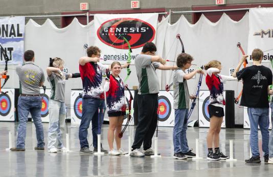 Archers at bullseye competition during 2023 Eastern NASP Tournament