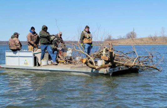 Staff sink tree branches into Smithville Lake for fish habitat