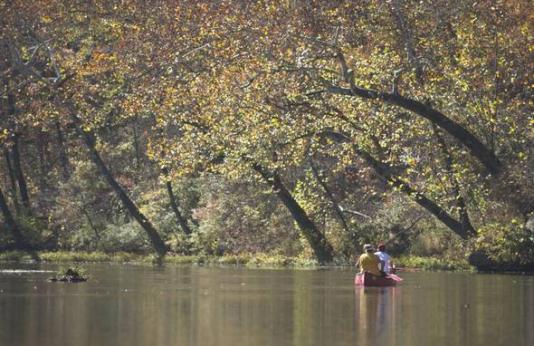 Two people in a canoe paddle down a calm river.