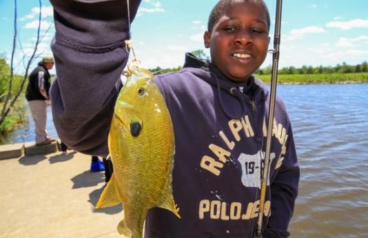 A boy shows off a bluegill he caught at a St. Louis lake