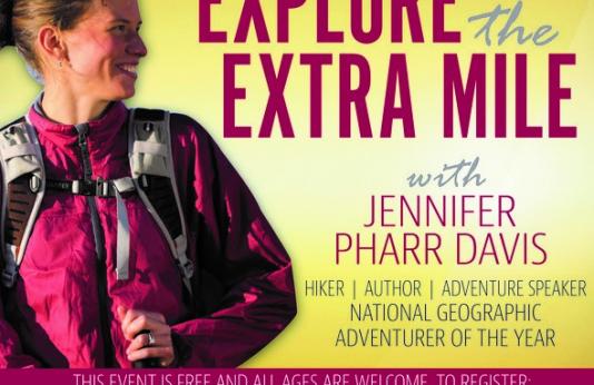 image of Jennifer Pharr Davis in promotional ad for Explore the Extra Mile event