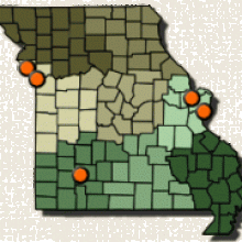 Map of Missouri showing locations of shooting ranges
